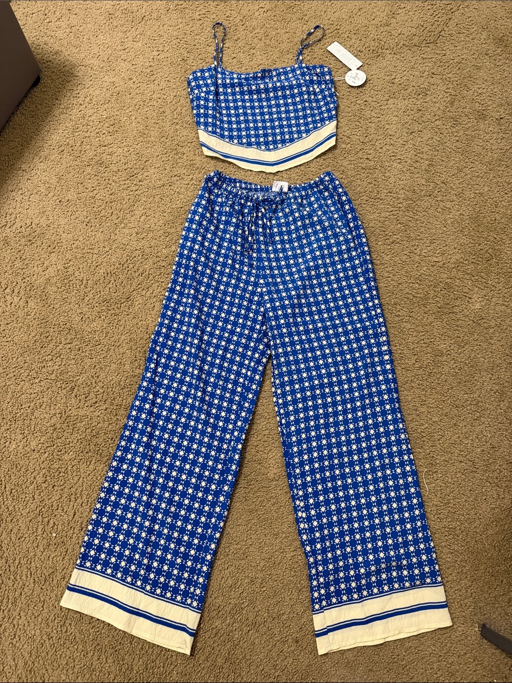 Sienna Sky Blue Floral Two-Piece Pajama Set with Cream Trim